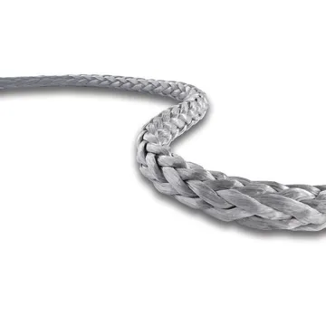 Close-up of a durable, silver braided fiber rope against a white background, showcasing intricate weaving and premium quality.