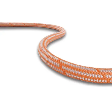 Close-up of an orange and white braided fiber rope on a white background, showcasing its durable and intricate weave.