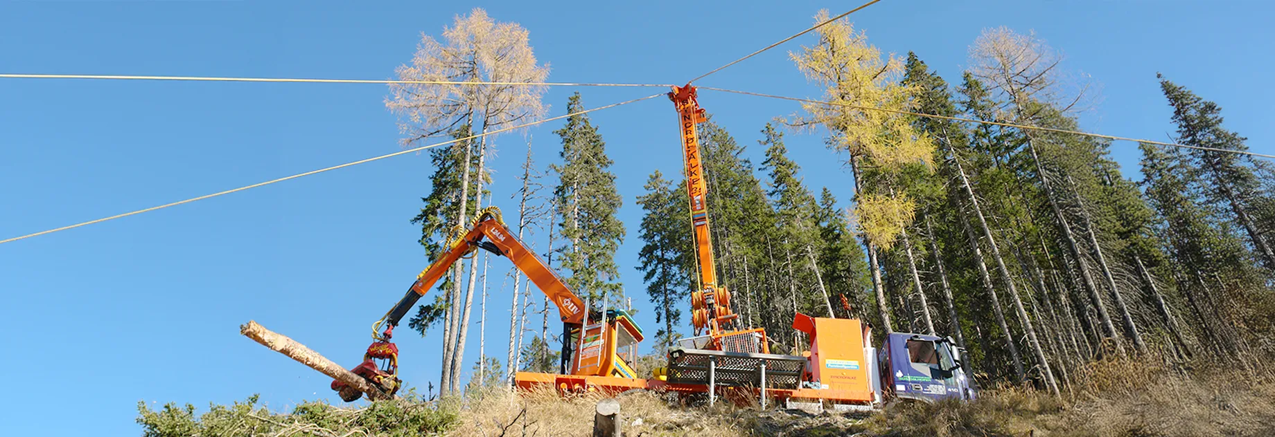 A forestry crane lifting a log, supported by stabilization ropes, in a wooded area