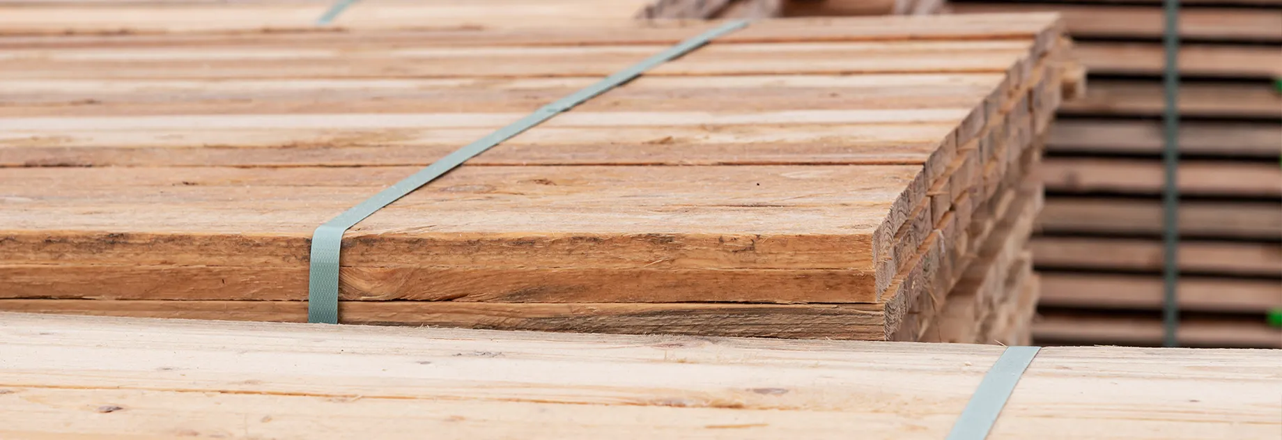 Stack of wooden planks bound with a green strapping band; focus is on the edge of the stack, highlighting the wood grain and texture.