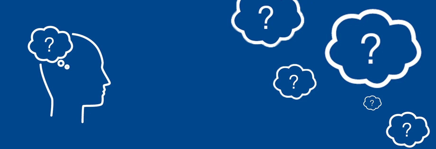 Illustration of a human head with thought bubbles and question marks on a blue background – symbolizing curiosity and questions.