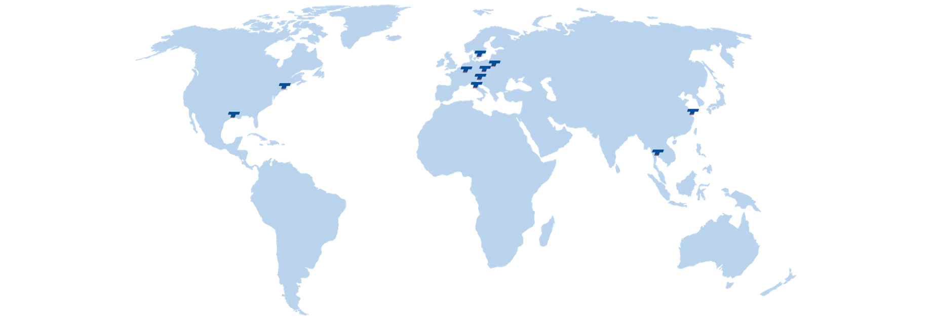 World map with various countries marked, highlighting company locations across North America, Europe, and Asia.