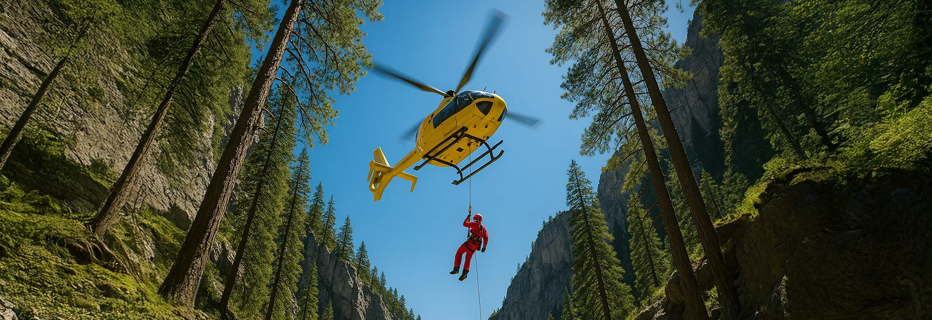 A yellow helicopter hovers above a forested canyon, lowering a rescuer in red gear on a cable amid tall trees and clear blue sky.