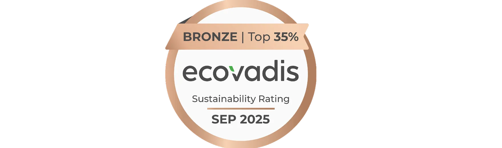 Bronze-Medaille von EcoVadis mit der Aufschrift „BRONZE | Top 35%“, darunter das Logo „ecovadis“ und der Text „Sustainability Rating SEP 2025“. Die Grafik zeigt die Auszeichnung für Nachhaltigkeitsbewertung