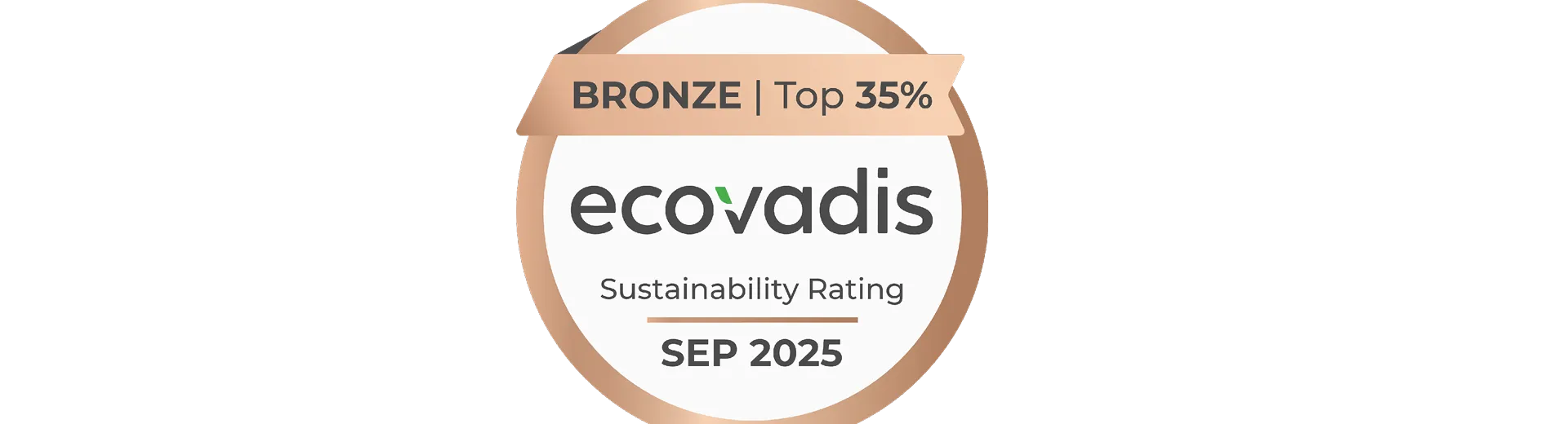 Bronze-Medaille von EcoVadis mit der Aufschrift „BRONZE | Top 35%“, darunter das Logo „ecovadis“ und der Text „Sustainability Rating SEP 2025“. Die Grafik zeigt die Auszeichnung für Nachhaltigkeitsbewertung