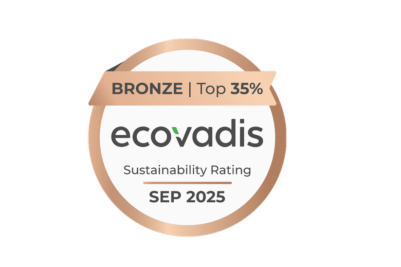 Bronze-Medaille von EcoVadis mit der Aufschrift „BRONZE | Top 35%“, darunter das Logo „ecovadis“ und der Text „Sustainability Rating SEP 2025“. Die Grafik zeigt die Auszeichnung für Nachhaltigkeitsbewertung