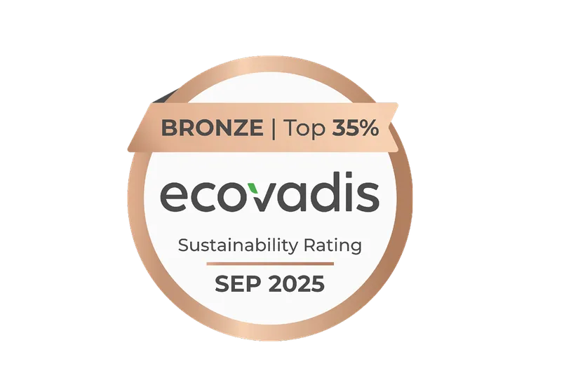 Bronze-Medaille von EcoVadis mit der Aufschrift „BRONZE | Top 35%“, darunter das Logo „ecovadis“ und der Text „Sustainability Rating SEP 2025“. Die Grafik zeigt die Auszeichnung für Nachhaltigkeitsbewertung