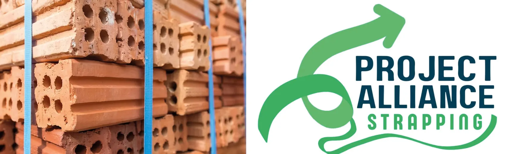 Stacked perforated bricks secured with blue strapping bands next to a logo featuring a green arrow and the text ‘Project Alliance Strapping’.