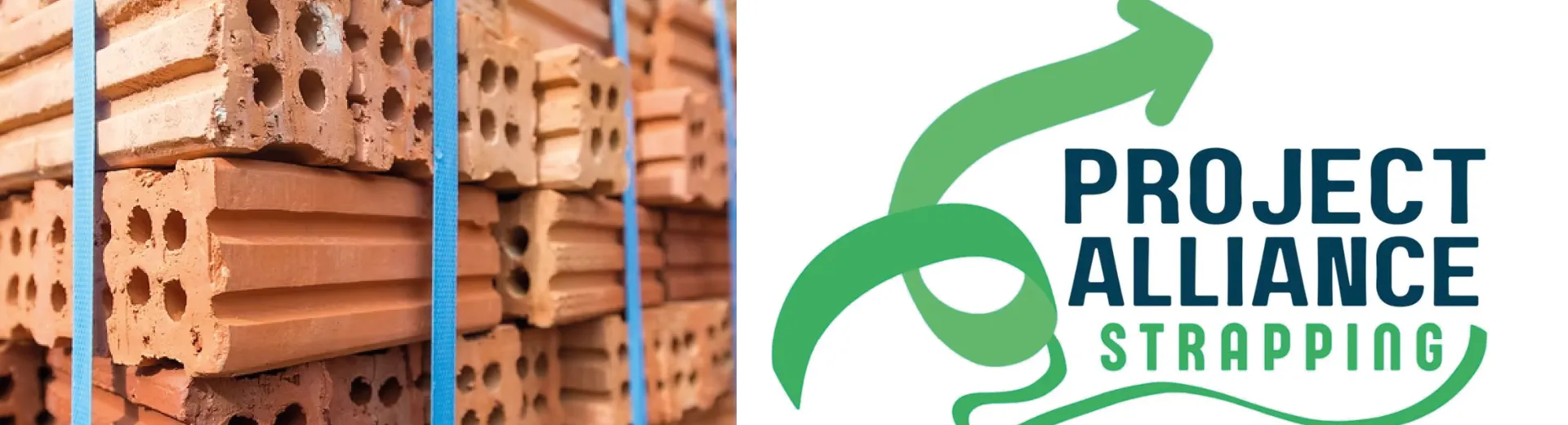 Stacked perforated bricks secured with blue strapping bands next to a logo featuring a green arrow and the text ‘Project Alliance Strapping’.