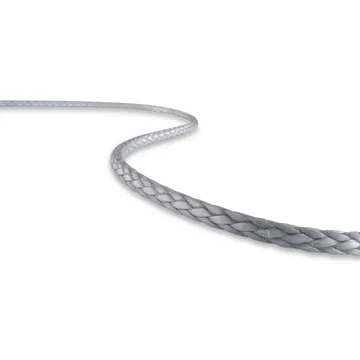 Grey braided synthetic rope length shown close-up
