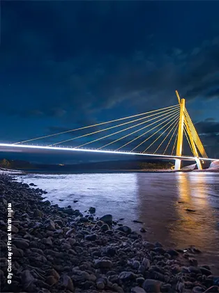 Modern cable-stayed bridge illuminated at night – engineering and infrastructure over water with light reflections.