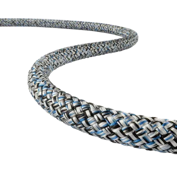 Braided fiber rope with blue and gray pattern, showcasing durable and innovative design for industrial applications.