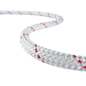 White braided fiber rope with red accents, coiled against a black background, showcasing texture and durability.