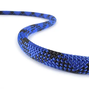 Close-up of a blue and black braided fiber rope on a white background, showcasing its texture and strength.
