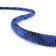 Close-up of a blue and black braided fiber rope on a white background, showcasing its texture and strength.