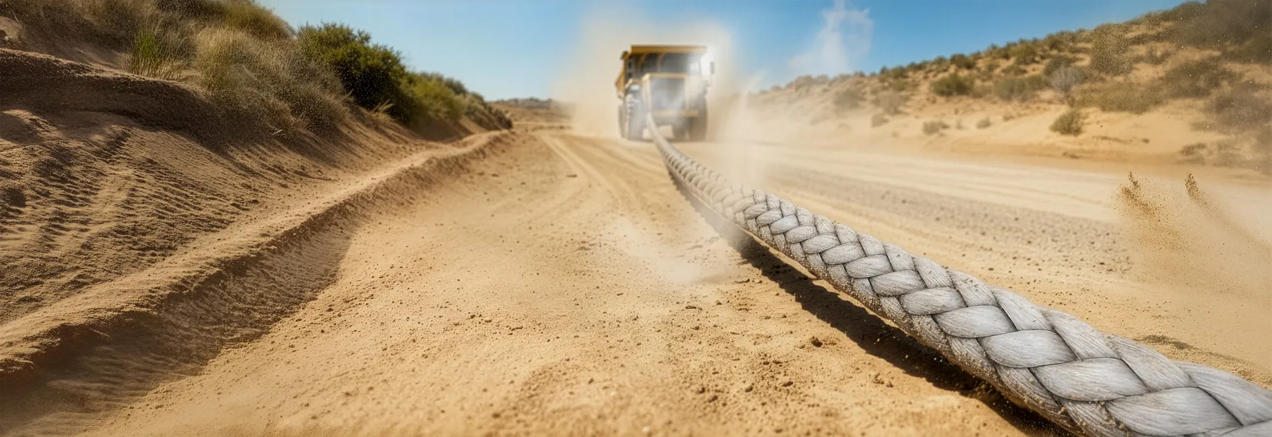 A large dump truck is being towed by a rope on a sandy dirt road under a clear blue sky, surrounded by low hills and shrubs.