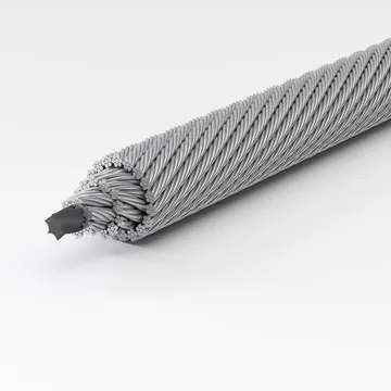 Close-up of steel wire rope with complex strand construction