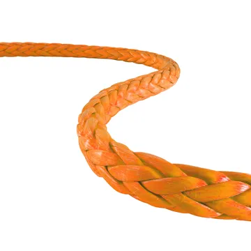 Close-up of an orange braided fiber rope on a white background, showcasing its texture and durability.