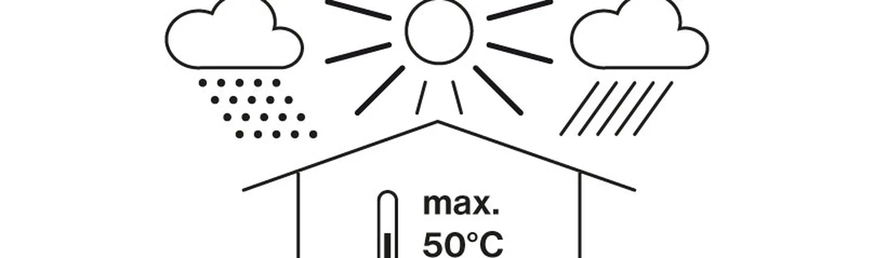 Storage pictogram for plastic strapping: A strapping coil is shown inside a protected storage building. Above the building, the graphic displays the sun, clouds, and precipitation. Inside the building, a thermometer symbol indicates “max. 50°C / 122°F”. The image illustrates that strapping should be stored in a dry, weather-protected area, away from direct sunlight, at a maximum storage temperature of 50°C (122°F).