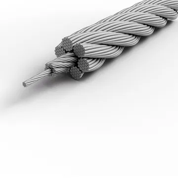 Close-up of steel wire rope strands twisted together