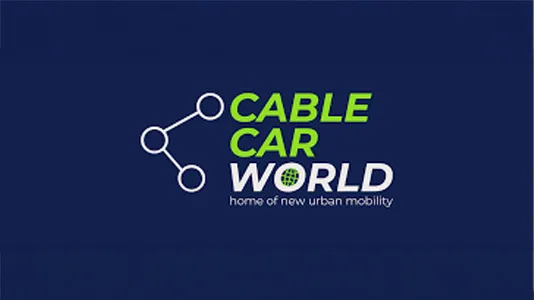 Logo of "Cable Car World" with a cable line graphic on a dark blue background. Text reads: "home of new urban mobility."