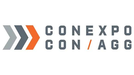 Logo of CONEXPO-CON/AGG featuring three arrows in gray and orange pointing right, with the event name in bold gray text.