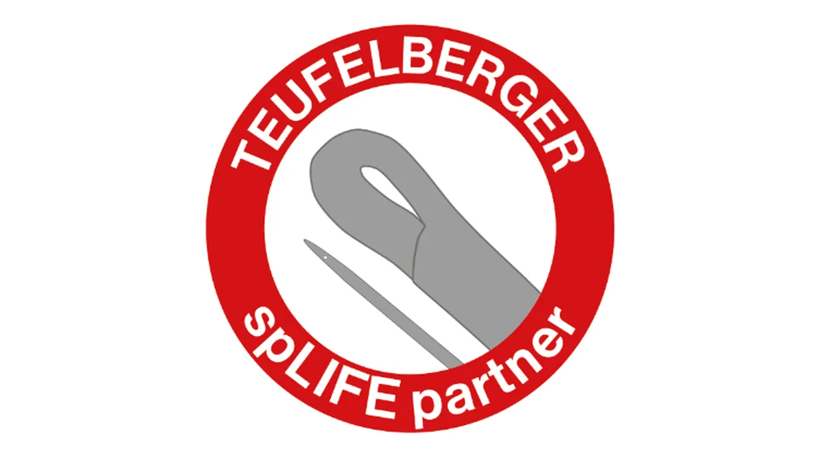 a red framed circle with white text saying "Teufelberger spLIFE partner"; whithin the blue circle is a white background and a grey drawing of a rope with a spliced end termination and a needle.