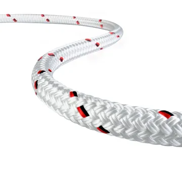 White braided fiber rope with red and black accents, showcasing durable and innovative design for safety and quality.