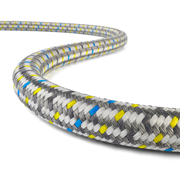 braided grey rope with blue and yellow tracer