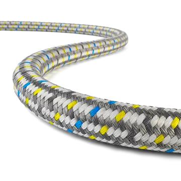 braided grey rope with blue and yellow tracer