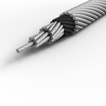 Steel wire rope cross section with black plastic coating.