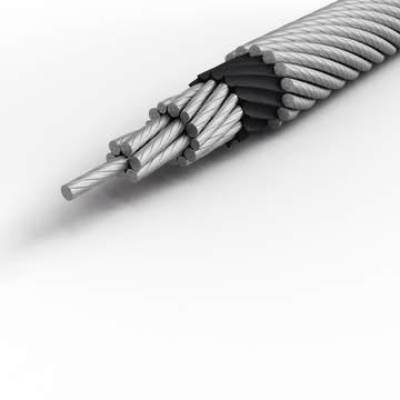 Steel wire rope cross section with black plastic coating.