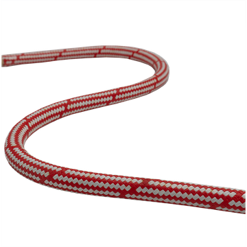 Red and white patterned synthetic climbing rope section
