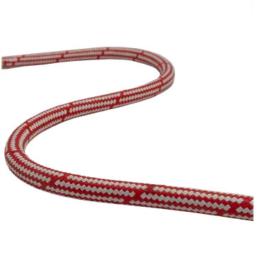 Red and white patterned synthetic climbing rope section