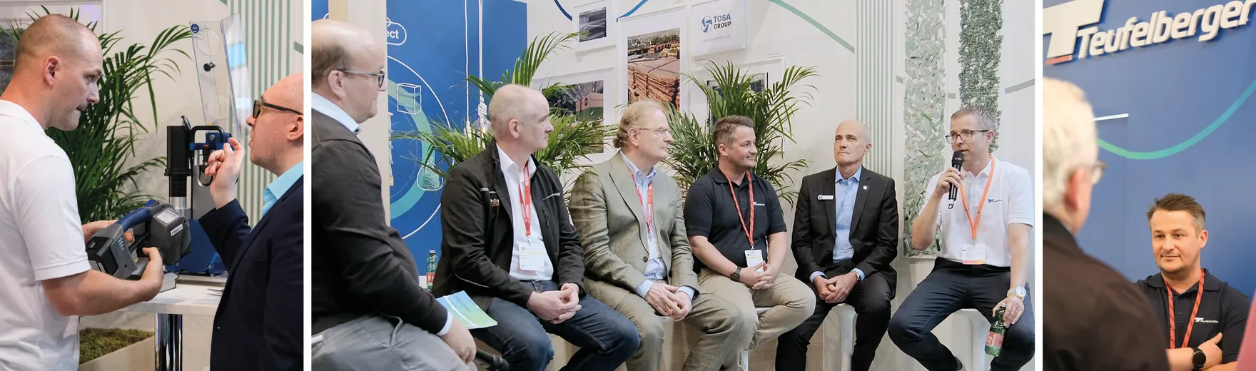 Panel discussion with professionals at a trade show booth for a company specializing in wire ropes and strapping solutions.