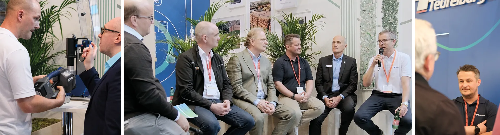 Panel discussion with professionals at a trade show booth for a company specializing in wire ropes and strapping solutions.