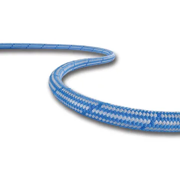 Blue and white braided synthetic rope, curved section.