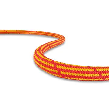 Red and yellow patterned climbing rope close-up segment