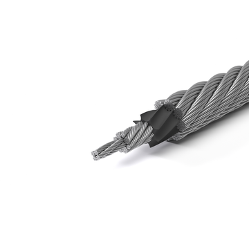 Steel wire rope with multiple strand layers and black core filler.