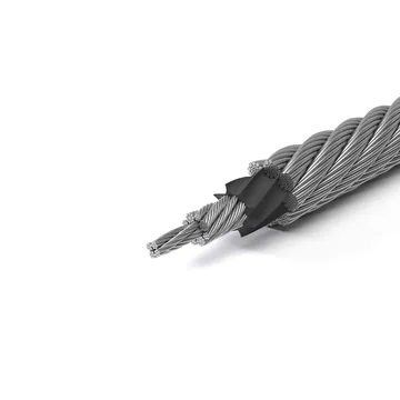 Steel wire rope with multiple strand layers and black core filler.