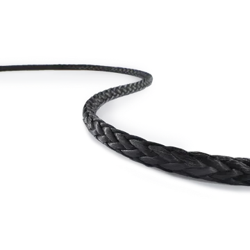 Black braided synthetic rope coil close-up view