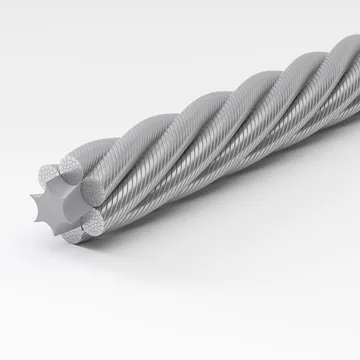 Close-up of steel wire rope with star-shaped core strands