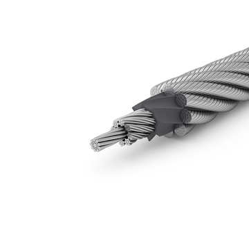 Close-up cross section of steel wire rope strands and core.