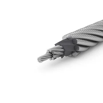 Close-up cross section of steel wire rope strands and core.