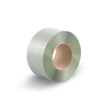 Roll of gray plastic strapping band with cardboard core