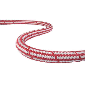 Red and white patterned climbing rope close-up view