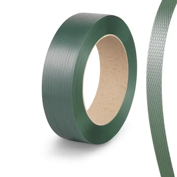 Green plastic strapping band coil with textured surface.