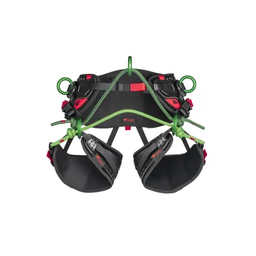 Tree climbing harness with green rope attachment points