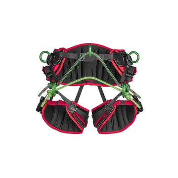 Climbing harness with green attachment points and red accents