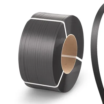 Black textured strapping band coil with white binding straps.
